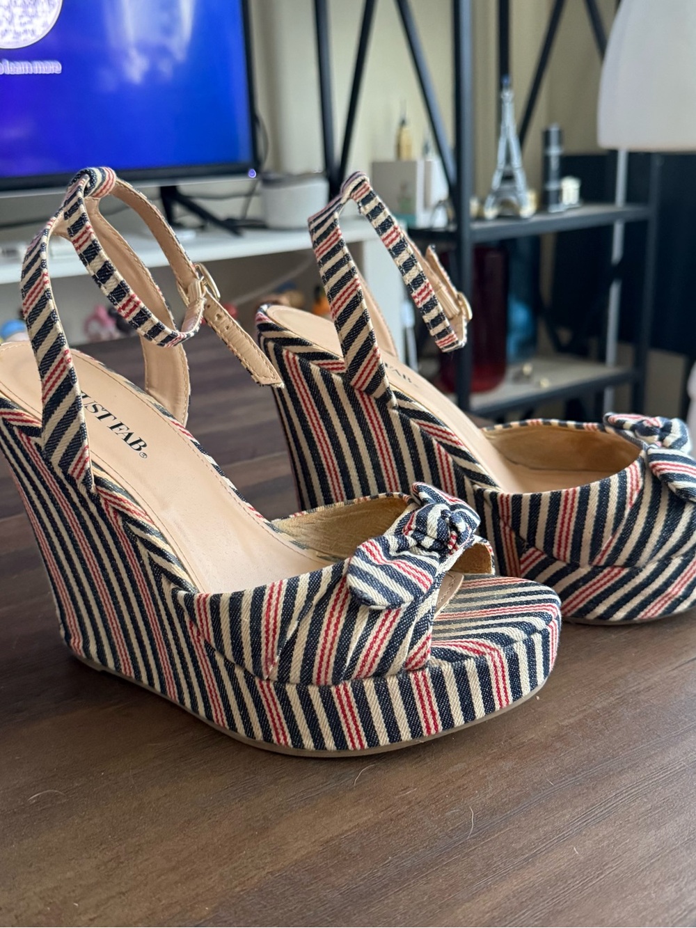 JustFab Striped Canvas Wedge Sandals in Navy, Red, Cream